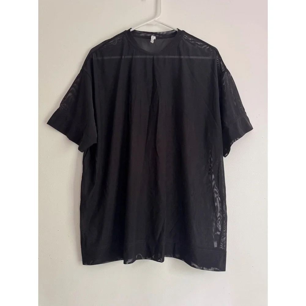 Athleta Womens Black Sheer Mesh Short Sleeve Oversized Layering Top Small